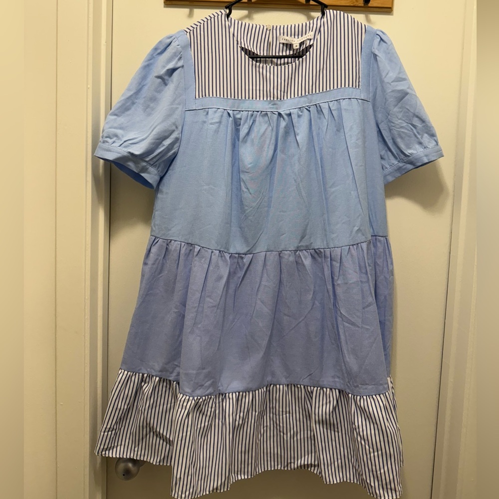 NWT Tuckernuck English Factory Quinn Blue Striped Short Sleeve Tiered Dress